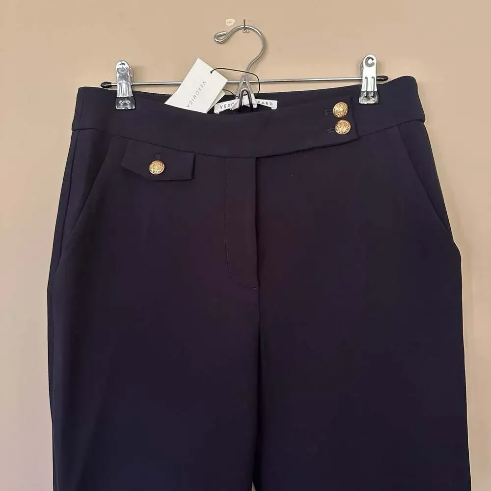 NWT Veronica Beard Renzo Pants Women 10 Navy Blue Gold Crest Button $350 Cropped